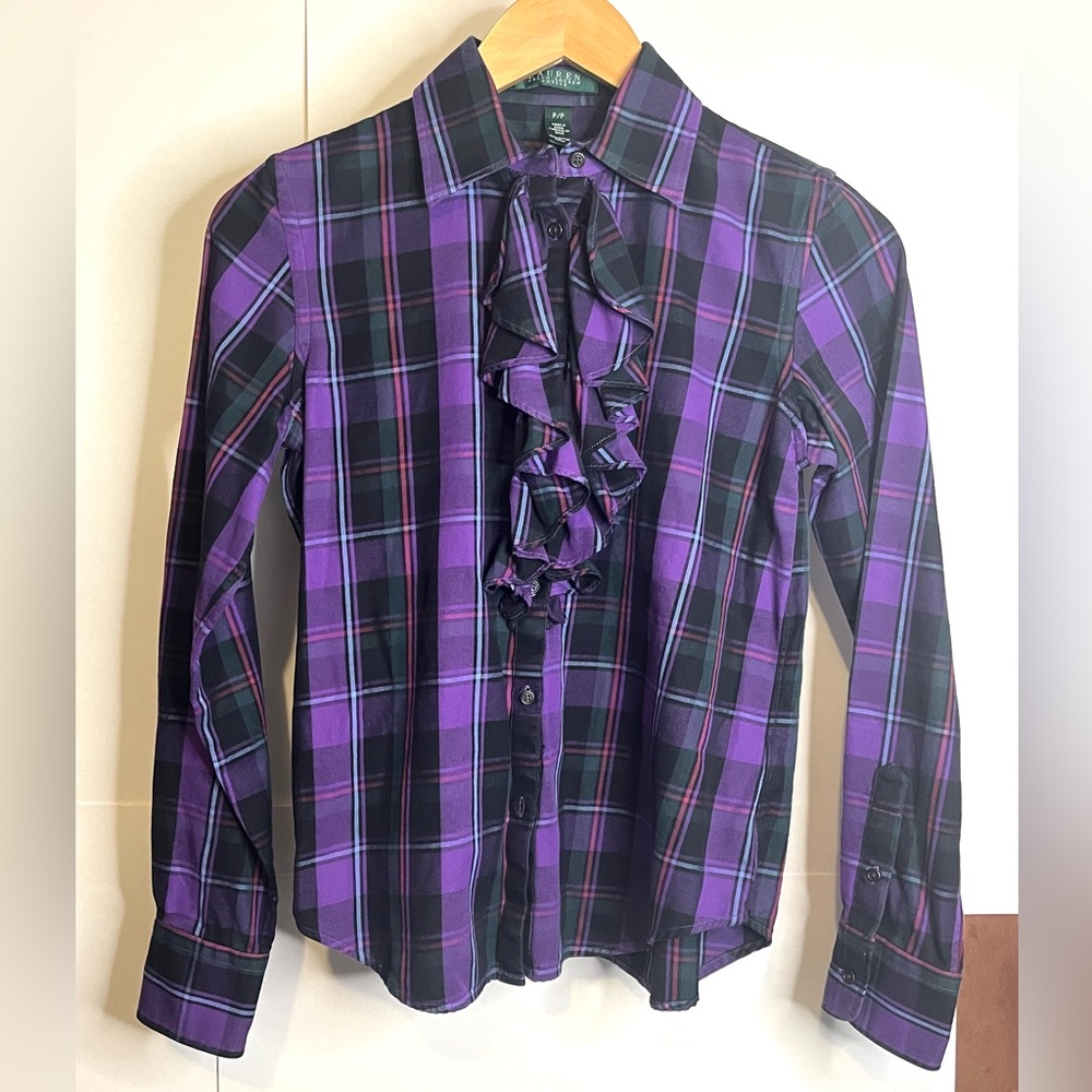 Lauren Ralph Lauren Petite Size P Purple Plaid Flannel Blouse with Ruffle